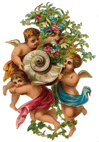 Antique Angels with shell & flowers