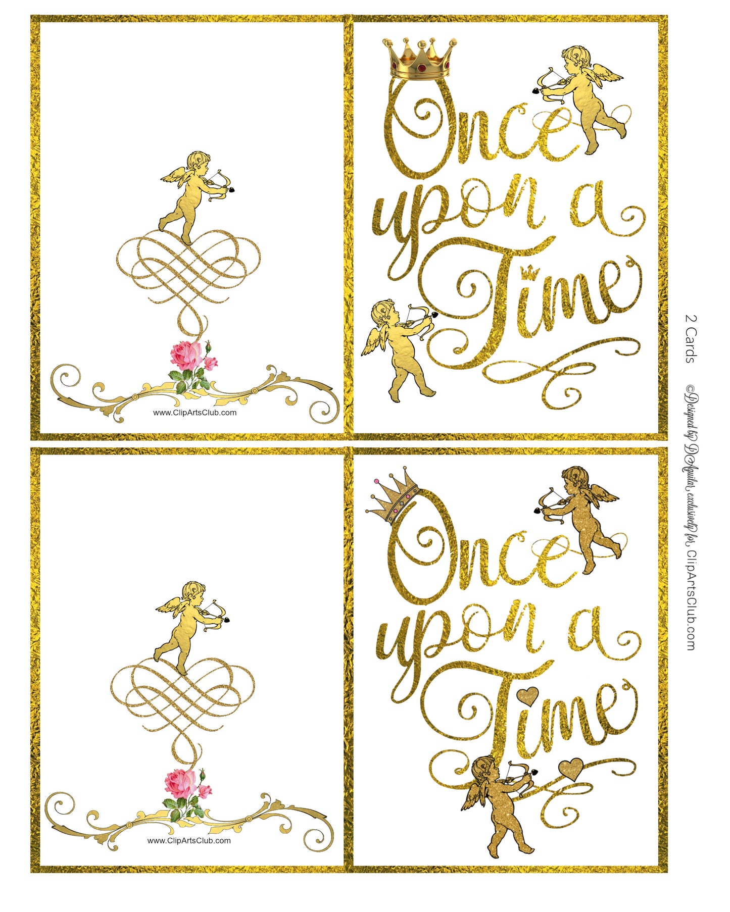 Once Upon A Time  - Two Small Greeting Cards - Different designs Gold Foil & Glitter with Cupids, Crowns & Hearts