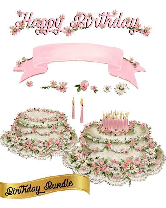 Pink Peach White Happy Birthday Bundle - 10 PNG images to create with