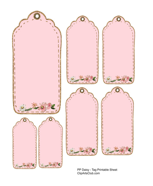 PP Daisy Pink & Gold Glitter Blank Tags - Printable