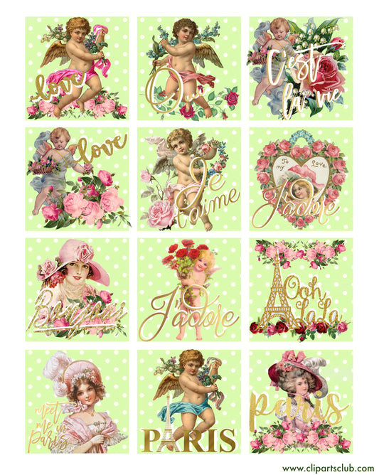 French Paris Love Collage Sheet - Green