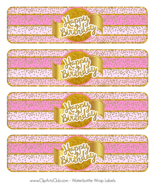 Happy Birthday Pink & Gold Confetti Water Bottle Labels Printable Sheet