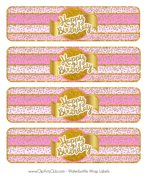 Happy Birthday Pink & Gold Confetti Water Bottle Labels Printable Sheet