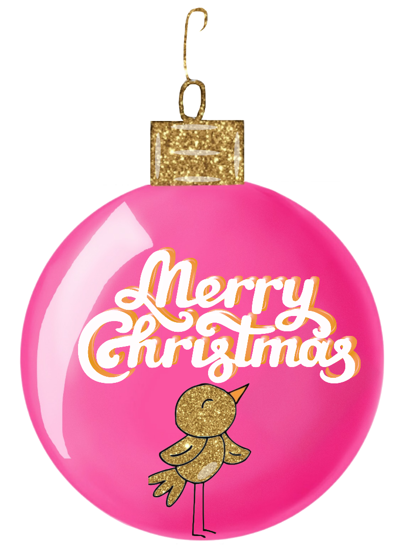 Bright Pink Gold Glitter Bird Singing Merry Christmas Ornament with Gold Top