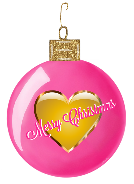 Bright Pink Gold Shiny Heart Merry Christmas Ornament with Gold Top