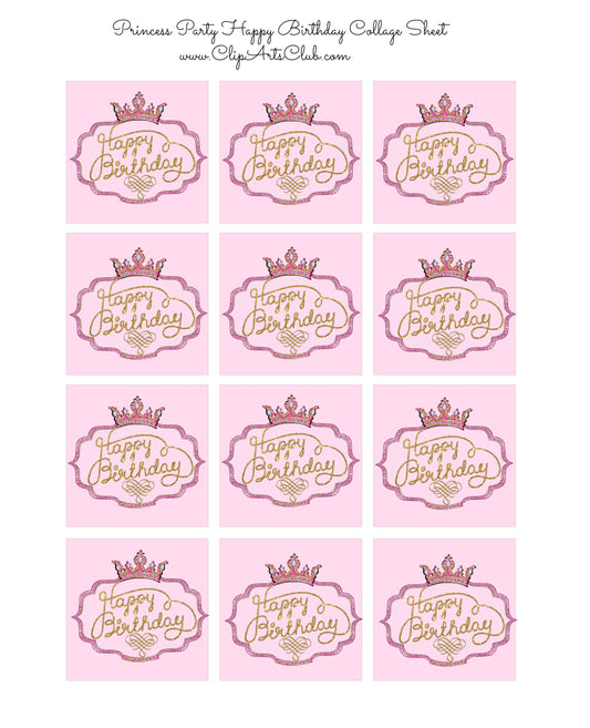 Pink Princess Collage Sheet - Pink Happy Birthday Labels - Toppers - Badges - Decorations