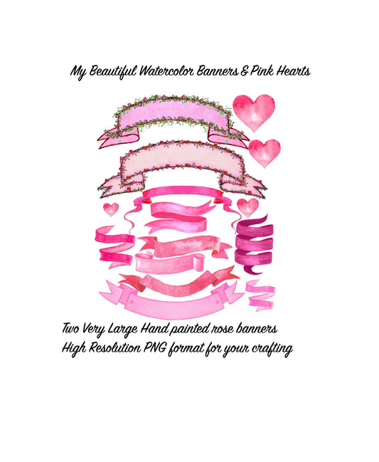 Beautiful Pink Watercolor Banners and a sweet little watercolor heart Clip Art Transparent Images