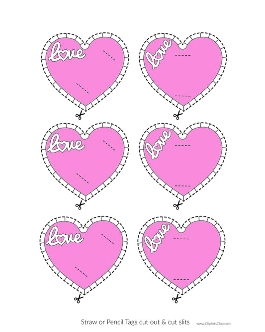 Pink Love Hearts Straw or Pencil Tags DIY print-cut Printable Craft