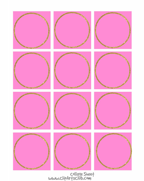 Hot Pink  - GOLD Glitter Circle Square Collage Sheet Blanks Printable 8x10