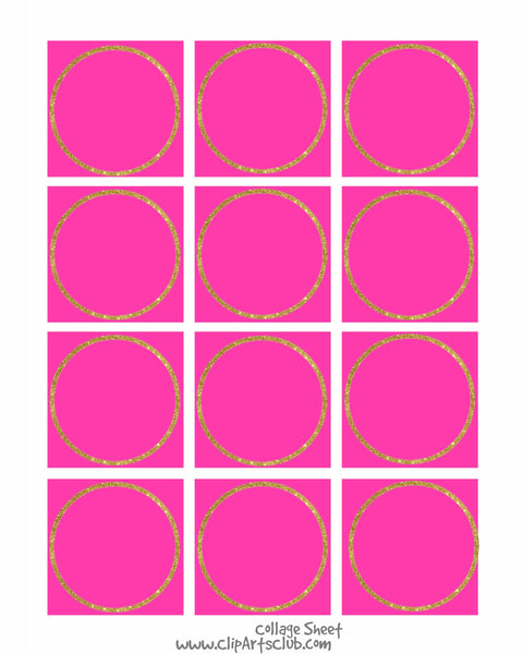 Neon Pink  - GOLD Glitter Circle Square Collage Sheet Blanks Printable 8x10