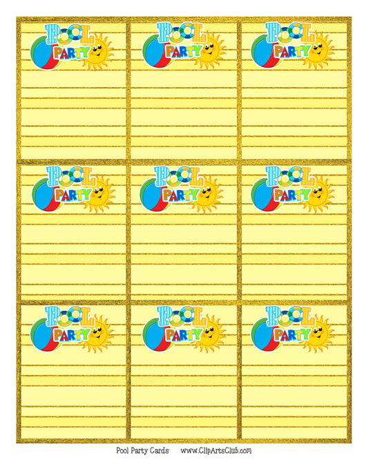 Pool Party Blank Cards Printable 9 per sheet to add what you want to them - Games or card invitation pocket insert