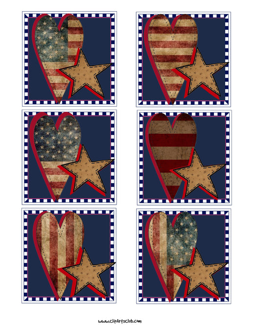 Prim American Hearts Stars Collage Sheet