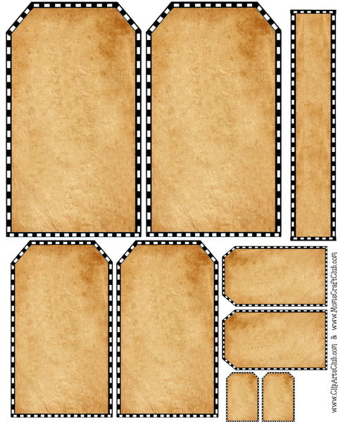 Junk Journal & Prim Style Blank Tags Printable Black Checkered Trim Antique Background