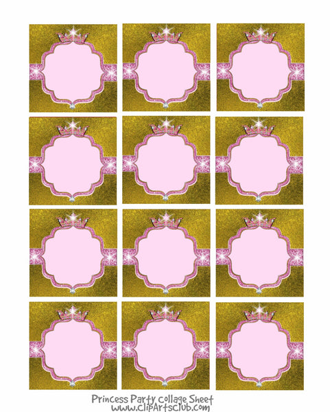 Pink Princess Collage Sheet - Pink Blank Labels on Gold Foil