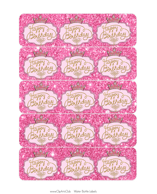 Pink Princess Water Bottle Labels - Princess Party Pink Glitter with Gold Crown