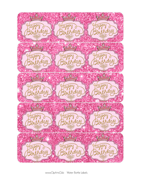 Pink Princess Water Bottle Labels - Princess Party Pink Glitter with Gold Crown