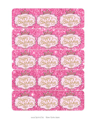 Pink Princess Water Bottle Labels - Princess Party Pink Glitter with Gold Crown