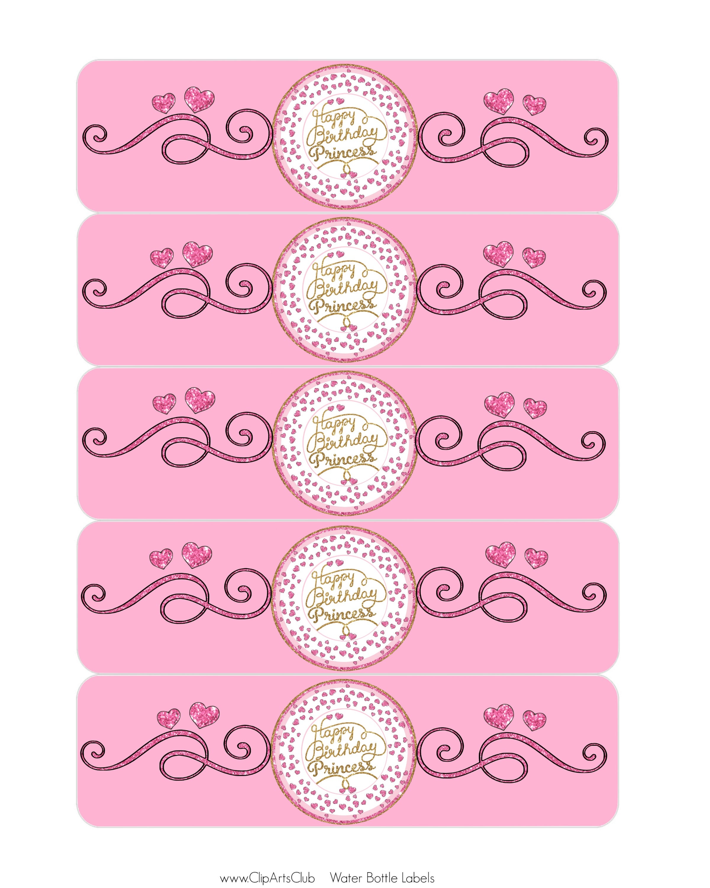Princess Party Pink Hearts Water Bottle Labels Printable - Happy Birth | Moms Craft Club