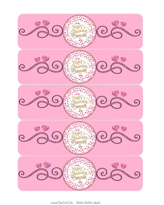 Princess Party Pink Hearts Water Bottle Labels Printable - Happy Birthday