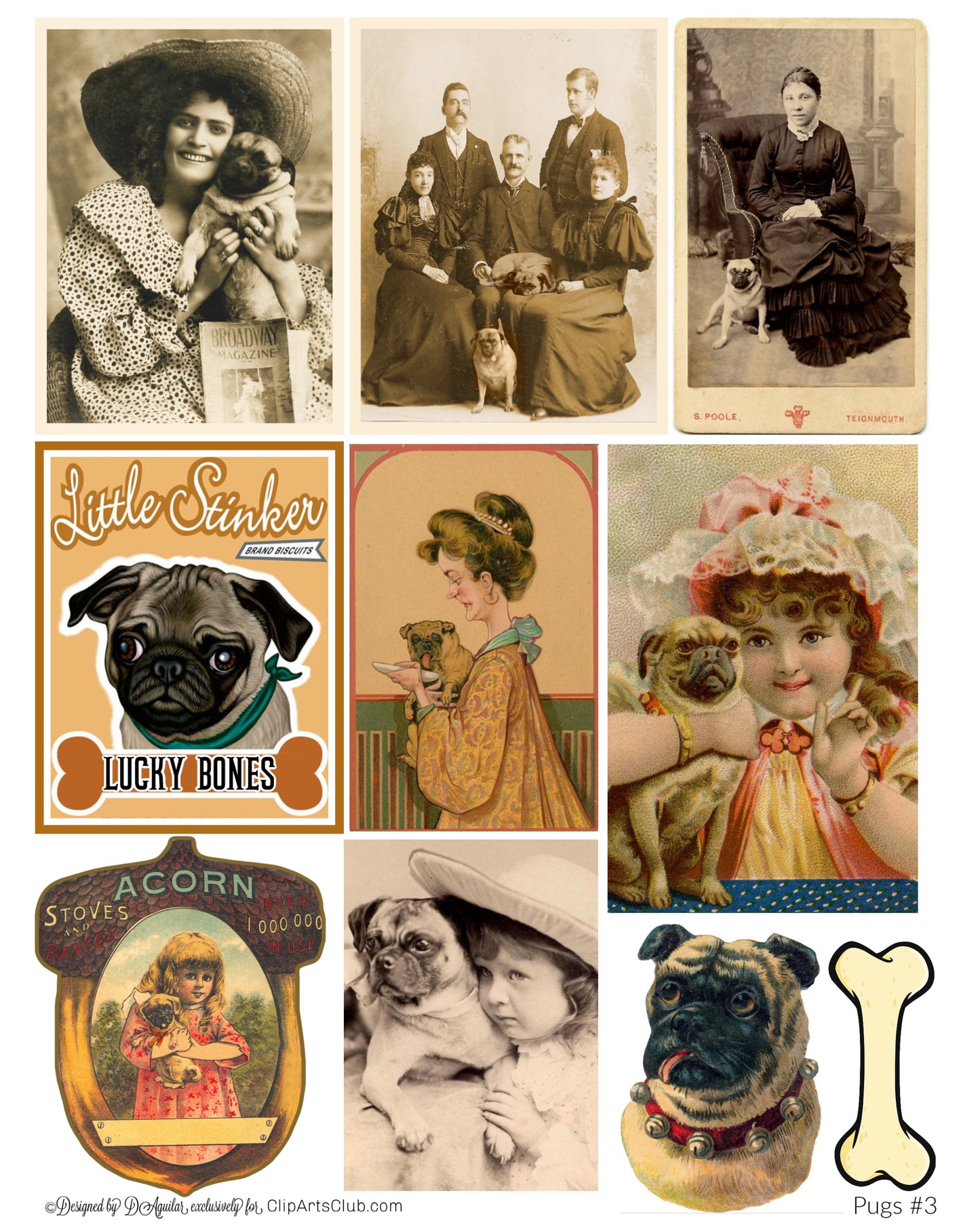 Pugs Collage Sheet Scraps Printable #5 Ephemera Vintage Antique Pug Dogs