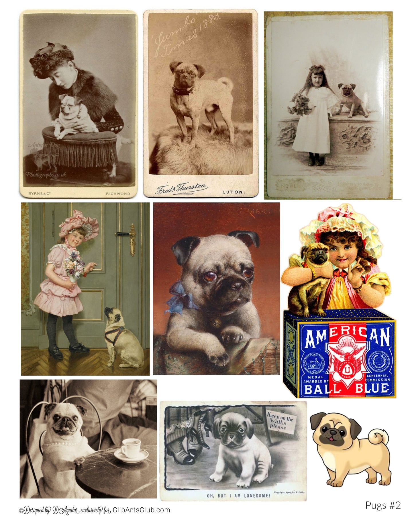Pugs Collage Sheet Scraps Printable #2 Ephemera Vintage Antique Pug Dogs
