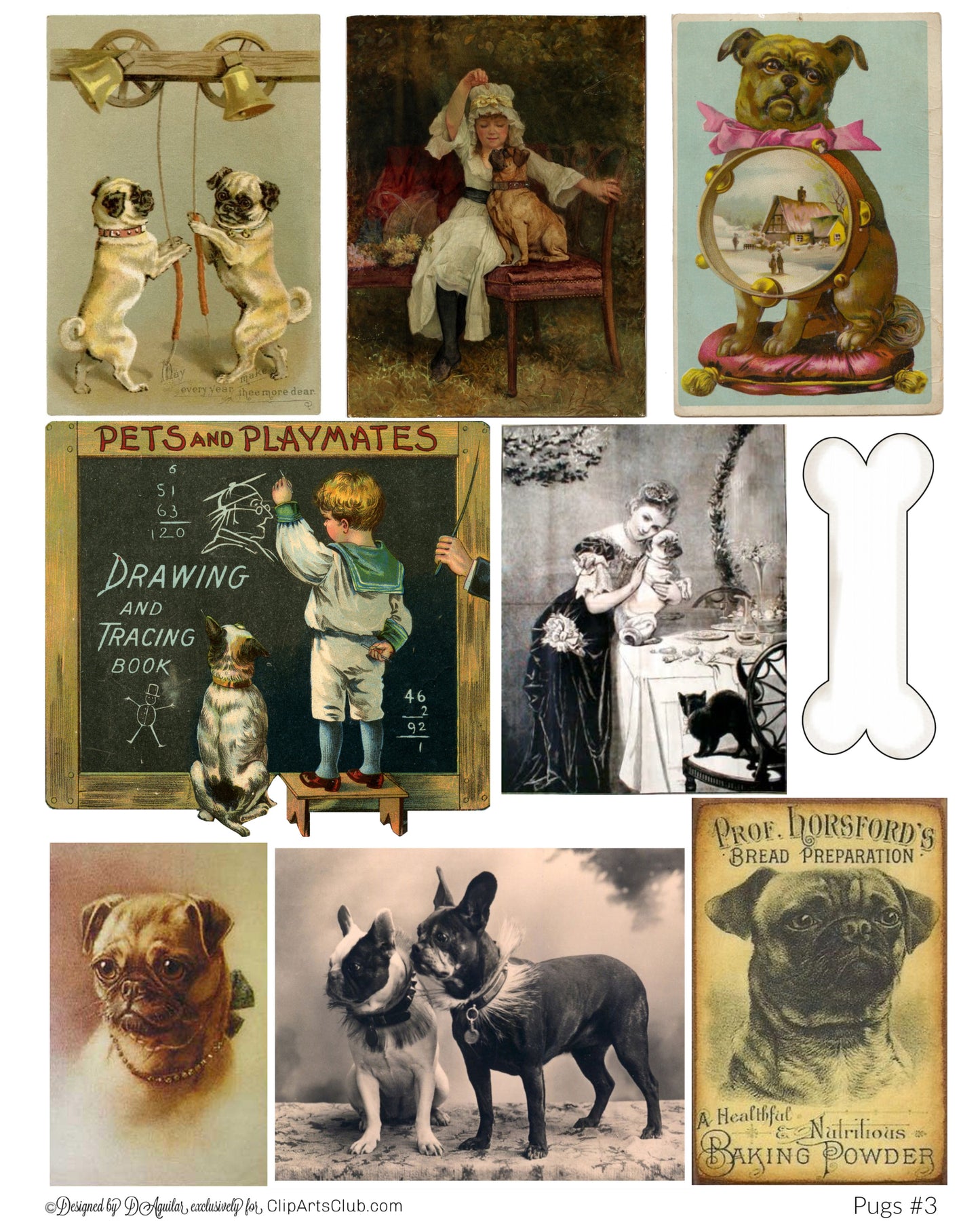 Pugs Collage Sheet Scraps Printable #3 Ephemera Vintage Antique Pug Dogs