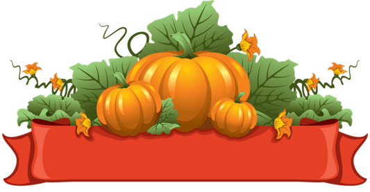 ShinyPumpkins with leaves & curly's on Orange Banner - Fall, Thanksgiving or Halloween