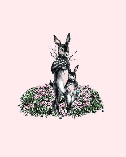 Rabbits Rosepatch 8x10 Print Adorable Mommy & Bunny
