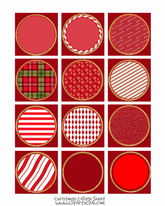 12 Different Red Christmas Circles Trimmed in Gold Collage Sheet