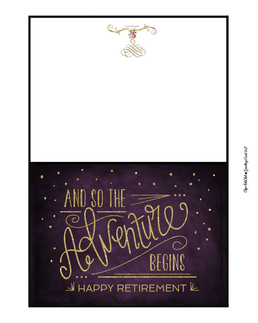 Retirement Card "And So The Adventure Begins" Printable - Purple & Gold