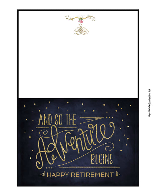 Retirement Card "And So The Adventure Begins" Printable - Navy Blue & Gold