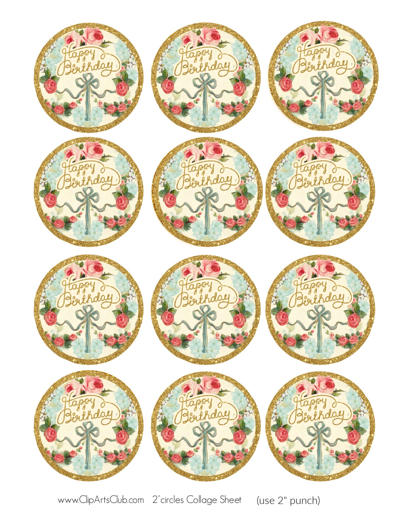 Roses and Cream Happy Birthday 2" Cupcake Circles Printable Collage Sheet