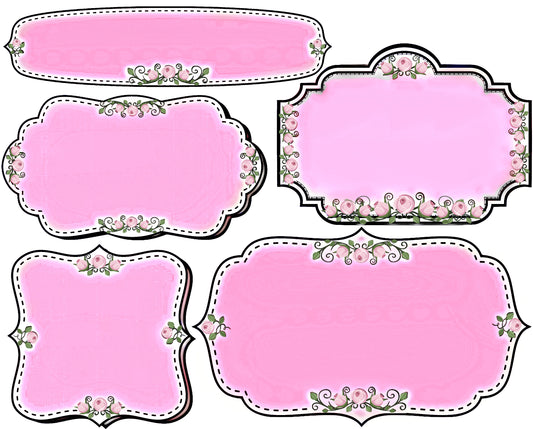 Beautiful Pink Label Set with little pink roses & stitched outline