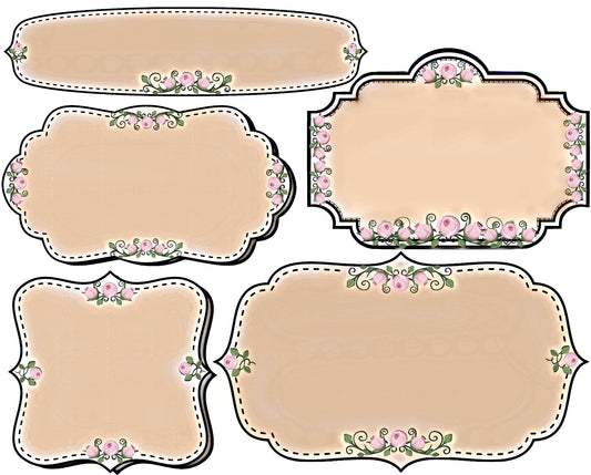 Beautiful Brown Beige Label Set with little pink roses & stitched outline