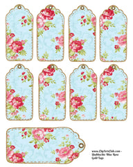 Shabby Chic Blue Background, Gold outline & Roses Shabby Chic Tags