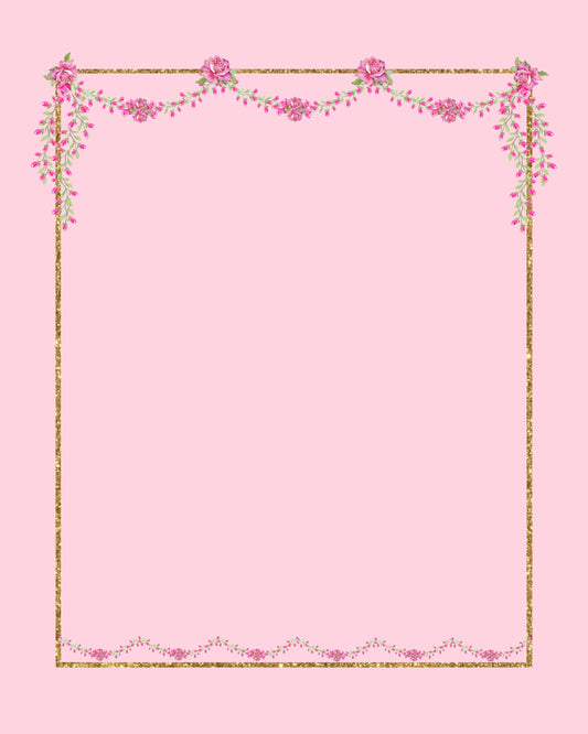 Shabby Chic Pink Rose Garland Letterhead or Background Gold Trim #SCPR-LH