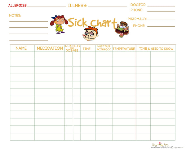 Sick Printable Chart keep track of medicine, dosage, times, foods & More!