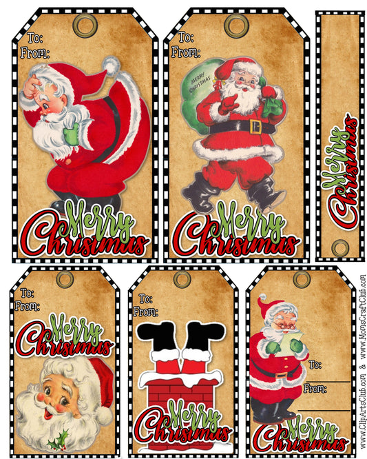Santa Tags with checkered trim - Vintage Jolly Santas Printable Set
