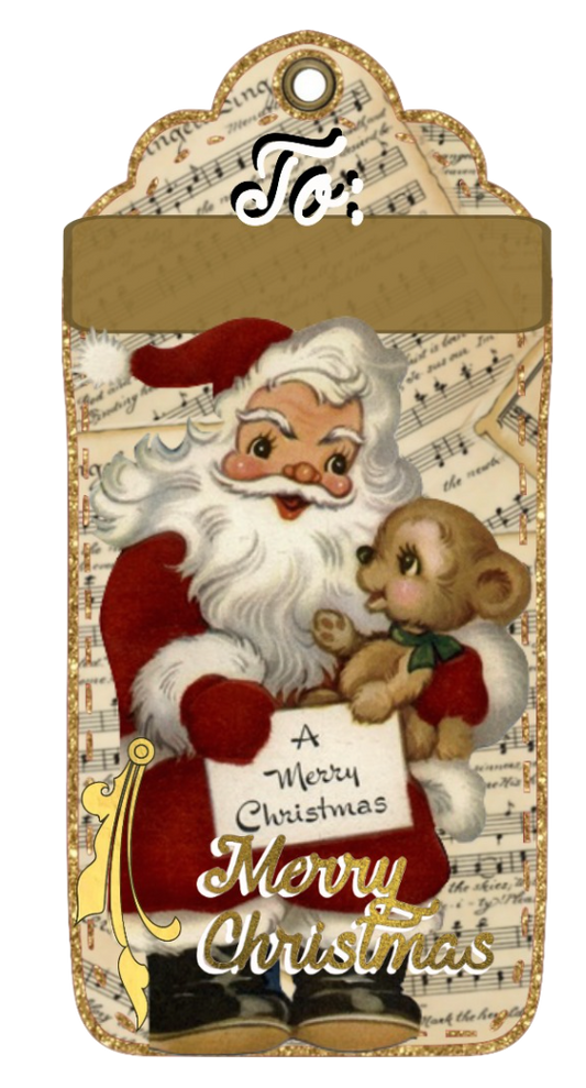 Santa & Teddy Bear Music sheet background Christmas Tag