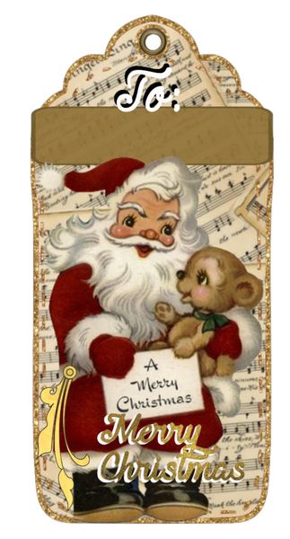 Santa & Teddy Bear Music sheet background Christmas Tag