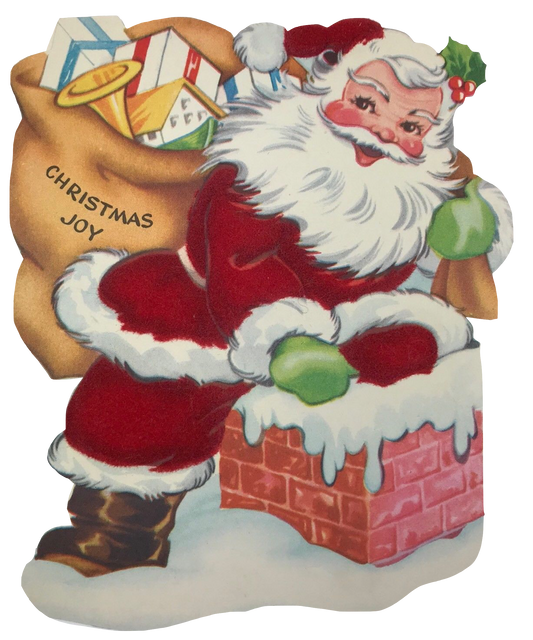 Christmas Joy! Jolly Santa heading down the Chimney with a sack of toys
