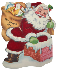 Christmas Joy! Jolly Santa heading down the Chimney with a sack of toys