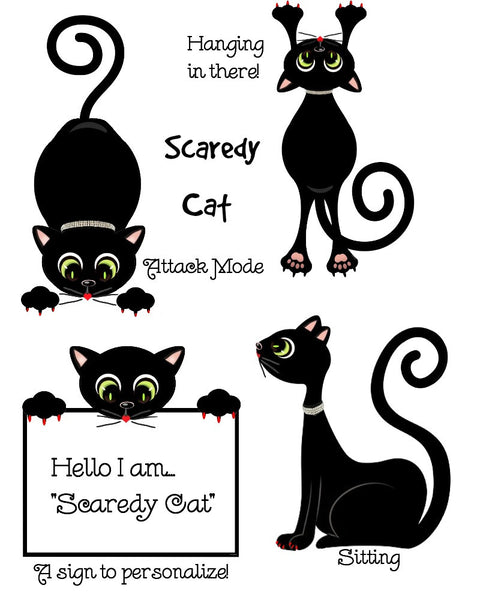 Scaredy Cat  dressed for Halloween holds a Sign that you can Personalize!