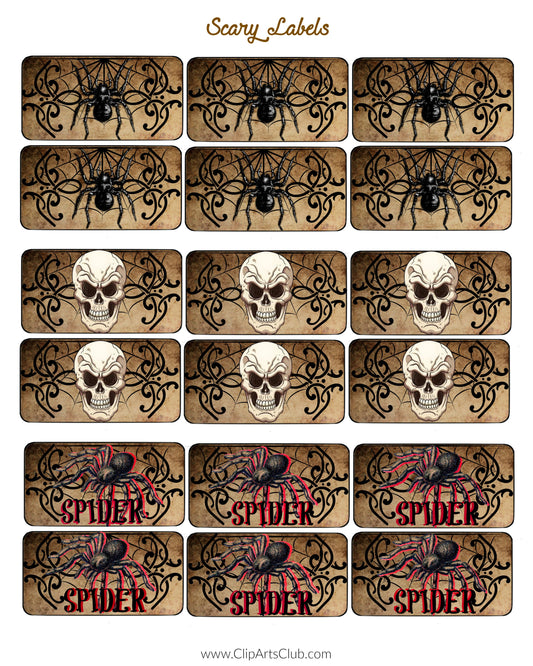 Scary Labels Skull - Spider Halloween Labels Collage Sheet Printable