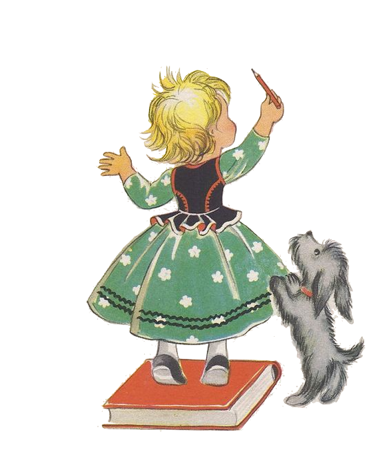 School Girl With her Dog Standing on a Book To Write