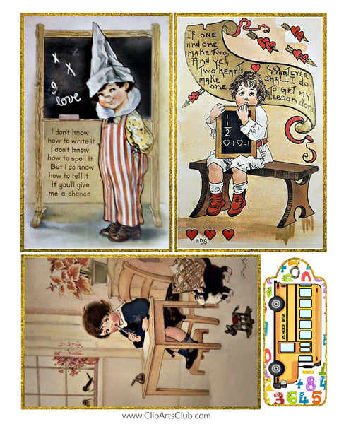 School Boys Vintage Postcards Collage Sheet Printable