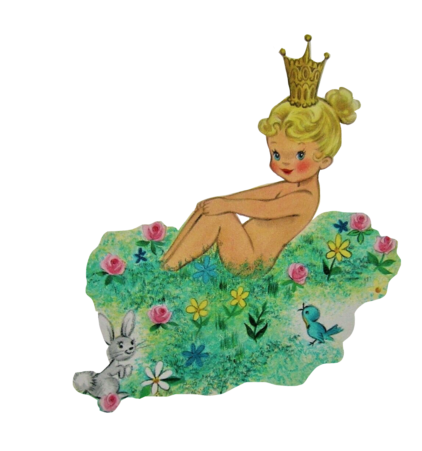 Adorable nude Queen or Princess baby - little girl in the grass and flowers wearing a crown