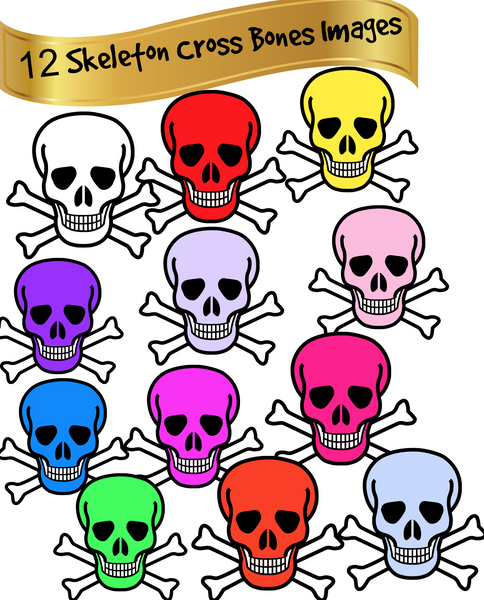 12 Colorful Skulls with white crossbones - 12 separate  images