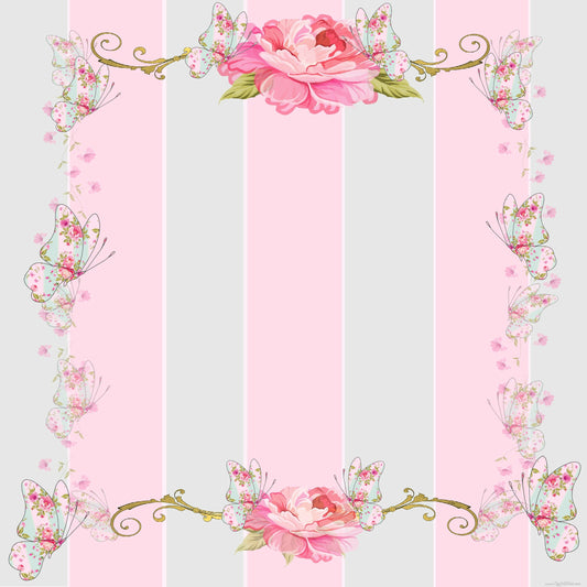 Beautiful Shabby Chic pink Roses, Stripes & Butterflies Blank or 12x12 Scrapbook Page