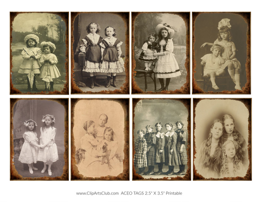 Antique Photos of Sisters, little girls,  ACEO/ATC Cards Collage Sheet Printable